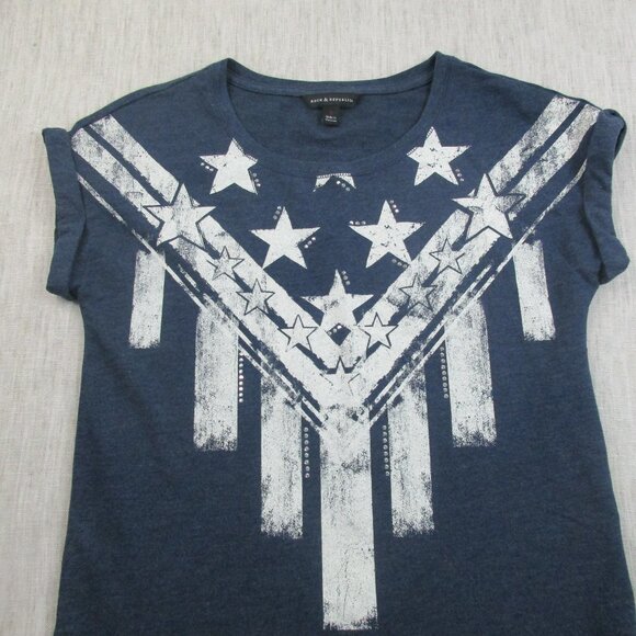 Rock & Republic T-Shirt Womens Small Blue Stars Rhinestone Double-Sided Pullover - Picture 4 of 11